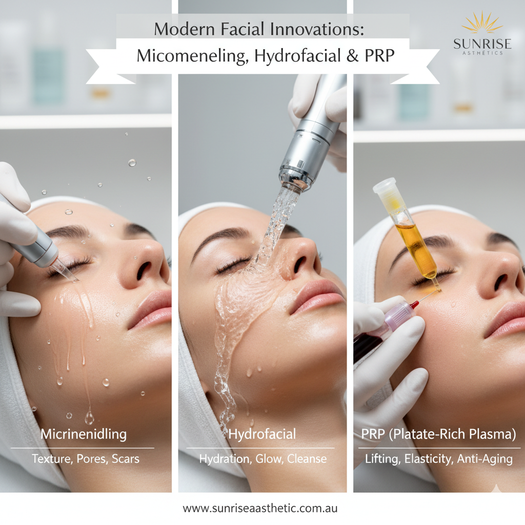 Three panels showing different advanced facial treatments. The left panel shows microneedling on a woman's cheek with tiny droplets. The middle panel shows a hydrofacial device cleansing a woman's face with water. The right panel shows a PRP (Platelet-Rich Plasma) treatment with a vial of golden liquid and a needle on a woman's cheek. The image has 'Modern Facial Innovations: Microneedling, Hydrofacial & PRP' as a title and includes the Sunrise Aesthetic logo and website.