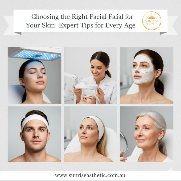 A grid of six images depicting various aspects of professional facials and diverse clientele. Top left: a woman receiving LED light therapy. Top middle: a therapist performing a facial on a client. Top right: a woman with a white facial mask and gold flakes. Bottom left: a man with a white headband, looking forward. Bottom middle: a woman with a white headband looking upwards. Bottom right: an older woman looking at her reflection in a hand mirror. The overall title ribbon reads 'Choosing the Right Facial for Your Skin: Expert Tips for Every Age' with the Sunrise Aesthetic logo