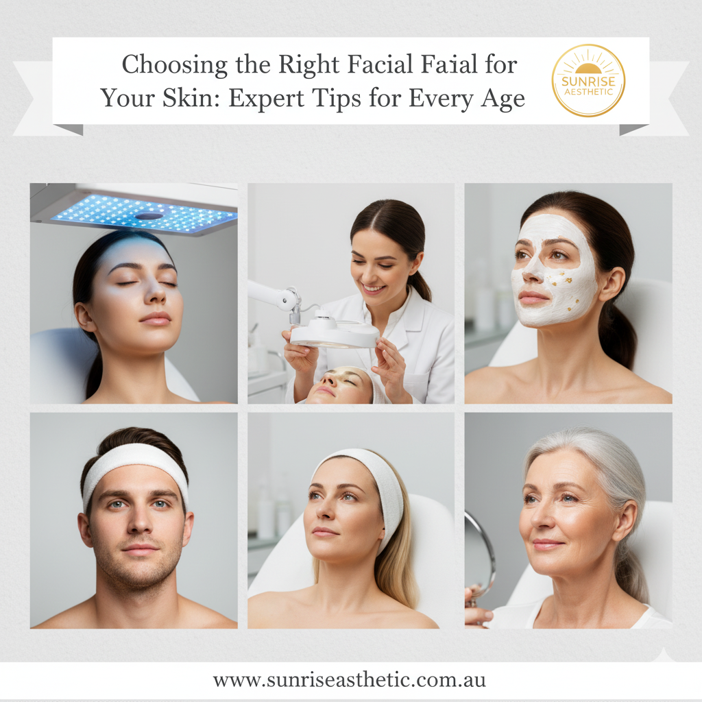 A grid of six images depicting various aspects of professional facials and diverse clientele. Top left: a woman receiving LED light therapy. Top middle: a therapist performing a facial on a client. Top right: a woman with a white facial mask and gold flakes. Bottom left: a man with a white headband, looking forward. Bottom middle: a woman with a white headband looking upwards. Bottom right: an older woman looking at her reflection in a hand mirror. The overall title ribbon reads 'Choosing the Right Facial for Your Skin: Expert Tips for Every Age' with the Sunrise Aesthetic logo