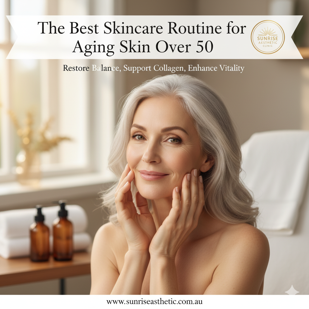 A radiant, elegant woman over 50 with graceful gray hair, gently touching her face, symbolizing healthy and well-cared-for skin. In the background, there are soft, natural light, spa-like elements such as skincare bottles and fresh towels, implying a focus on natural beauty and professional care. The image promotes the blog post 'The Best Skincare Routine for Aging Skin Over 50' by Sunrise Aesthetic Clinic, emphasizing restoring balance, supporting collagen, and enhancing vitality